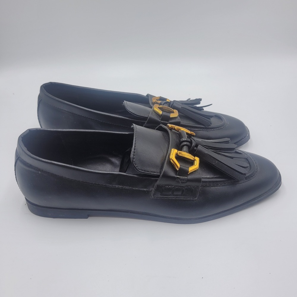 ZARA Women Black Leather Tassel Loafers Gold Buckle Moc Toe Shoes Size 39 US 9